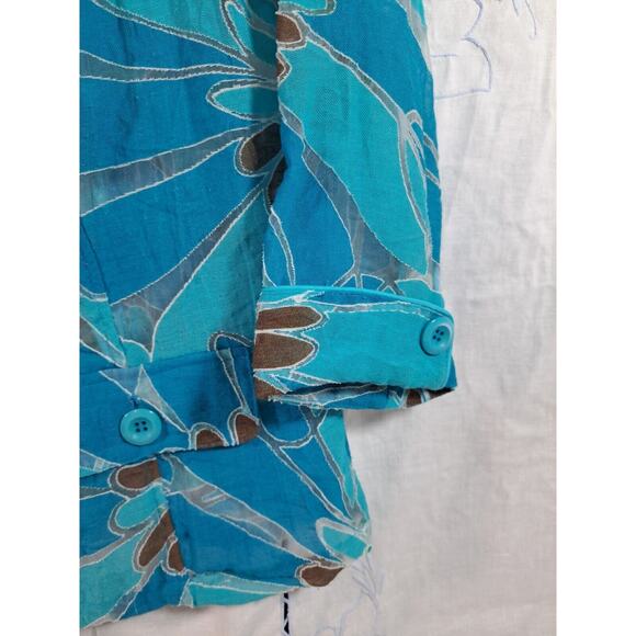 Shacket Shirt Blue Black Burnout Women's Size M L Floral 3/4 Sleeve Semi-sheer - Picture 4 of 12